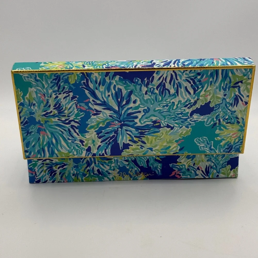 Lilly Pulitzer Lacquer Box Blue Green Floral Keepsake Jewelry Storage Gold Trim